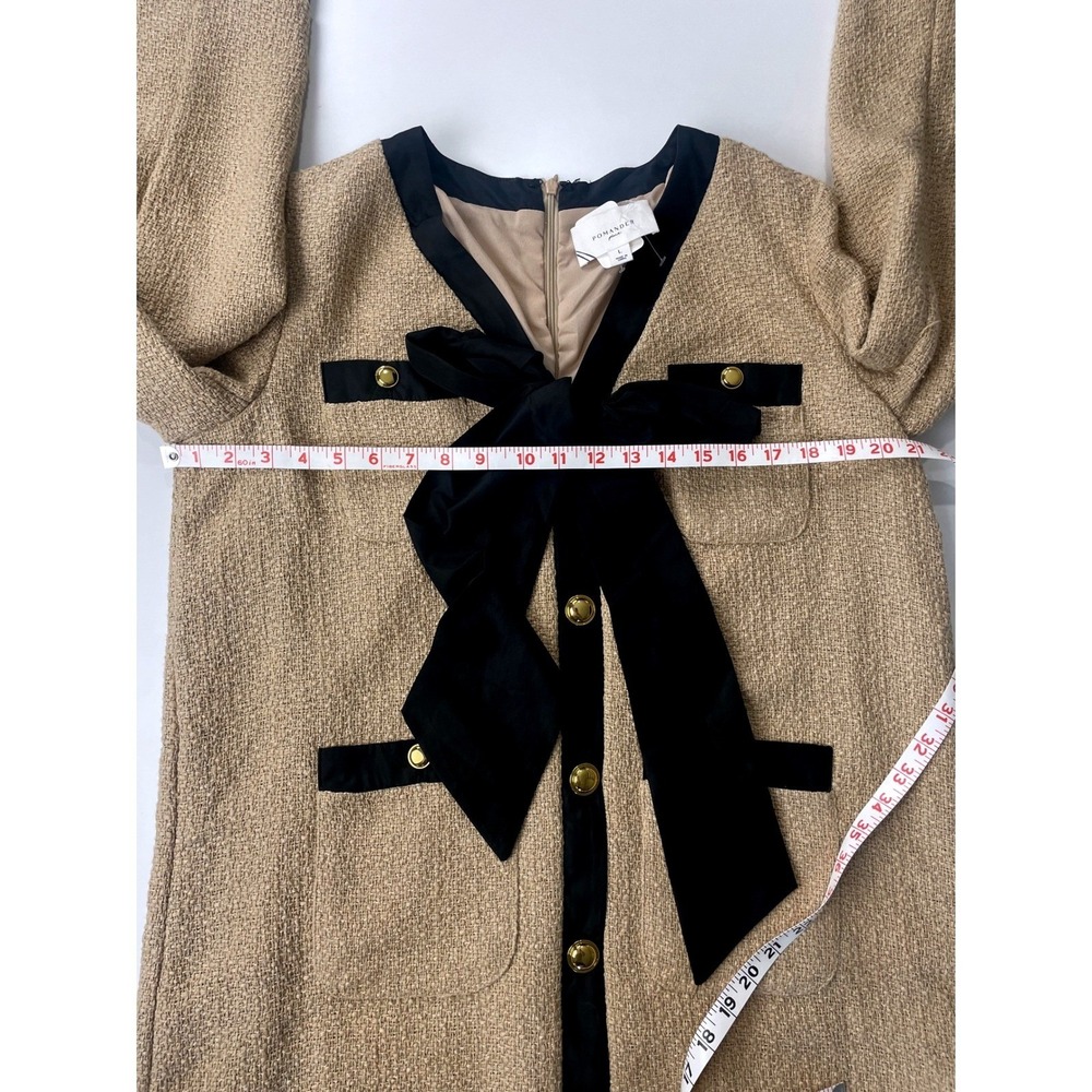 Pomander Place Tuckernuck Coco Tweed Bow Mini Shift Dress Large Beige Black Gold - Picture 8 of 9